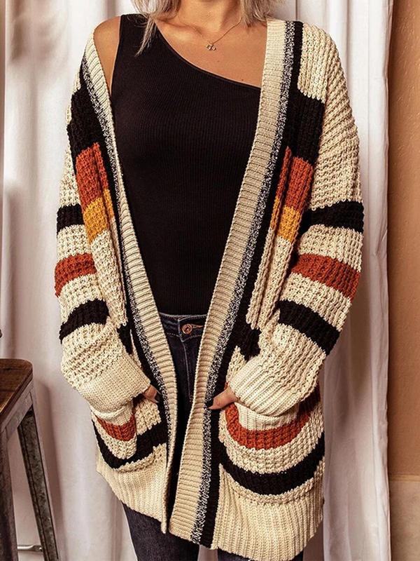 Women's Colorblock Striped Print Drop Shoulder Cardigan, Casual Long Sleeve Open Front Pocket Cardigan Sweater for Fall & Winter, Fashion Ladies' Knit Clothing for Daily Wear